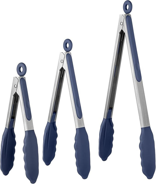 600ºF Heat Resistant Kitchen Tongs: U-Taste 7/9/12 inch Silicone Cooking Tong Set with Non Stick Rubber Tips and Silicon Coated 18/8 Stainless Steel Handle for Serving Grilling Salad(Midnight Blue) by U-Taste