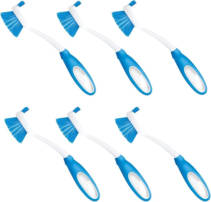 Dish Brush Kitchen Scrubber, 6 Pack, by LOLA, Has Stiff Bristles & Food Scraper, Comfort No-Slip Grip Handle, Safe for Non-Stick & Coated Cookware by LolaProducts