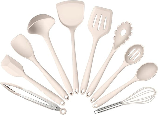 10 Pack Kitchen Utensils Set for Cooking, Leonyo Silicone Cooking Utensils Set, 446°F Heat Resistant Silicone Kitchen Tool with Turner Spatula, Soup Ladle, Serving Spoon for Nonstick Cookware - Khaki