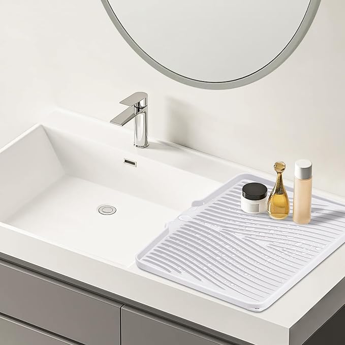 TIKNIK Silicone Dish Drying Mat, Stone Drying Mat for Kitchen Counter with Built-In Drain, Non-Slip Drain Pad with Built-in Drain, Heat Resistant Stone Drying Mat, Hangable, White-2pcs, 20" x 15" - Image 6