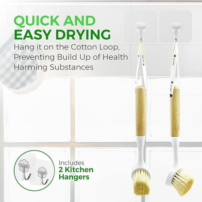 AIRNEX Bamboo Dish Brush Set of 2 - Dishwasher Brush w/Handle Made of Wheat Straw & Sisal Bristles - Non Scratch Kitchen Scrub Brush for Dishes, Pots & Pans - Dish Scrubber w/Plastic Free Bristles