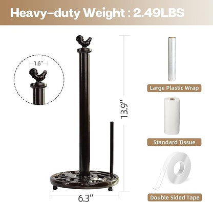 Cast Iron Rooster Paper Towel Holder for Kitchen Countertop - Vintage Coffee Gold Farmhouse Decor, Heavy Weighted Base Standing Dispenser for Easy One-Handed Tear, Fits Jumbo Rolls