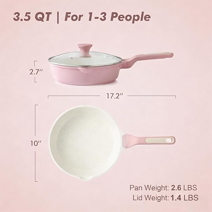 SENSARTE Nonstick Ceramic Skillet with Lid 10-inch, 3.5QT Non Toxic Deep Frying Pan, Saute Pan with Lid, Stay-cool Handle, Healthy Cooking Pot, Induction Compatible, Pink - Image 2