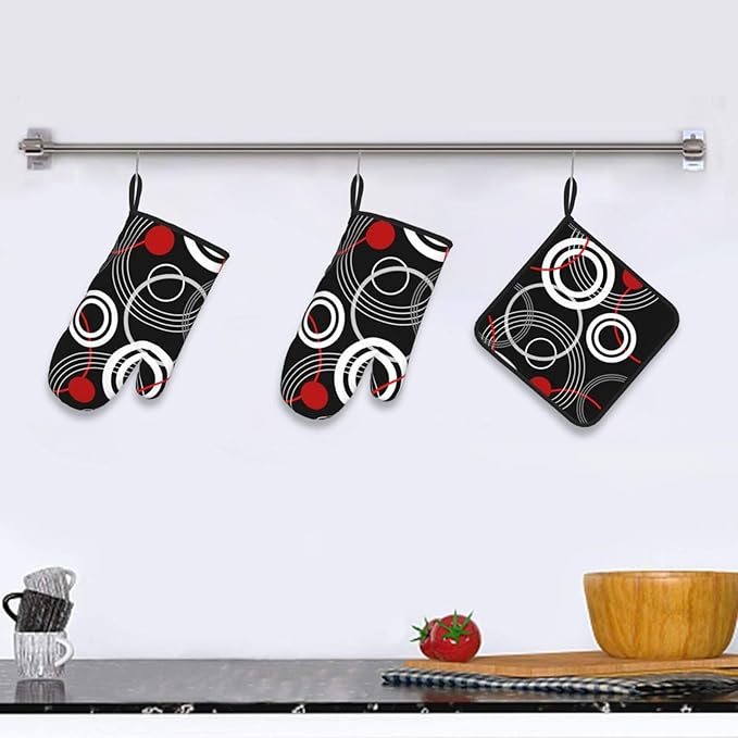 Modern Black Red Retro Oven Mitts and Pot Holders Sets of 3 Abstract Modern Hot Pads Heat Resistant Non Slip Washable for Cooking Grilling Baking BBQ Kitchen Decor - Image 6