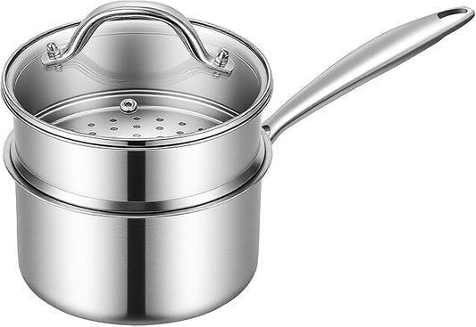 Ohtomber Tri-Ply Steamer for Cooking - Stainless Steel 3 Qt Saucepan with Lid, Medium Kitchen Induction Cooking Pot with Vegetable Food Steamer Basket, Non Stick Sauce Pan with Stay-Cool Handle by Ohtomber