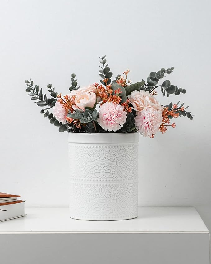 FUN ELEMENTS Kitchen Utensil Holder, 7.2" Super Large Utensil Crock Heavy and Stable Lace Emboss Ceramic Utensil Holder for Kitchen Counter (Bright White) - Image 6