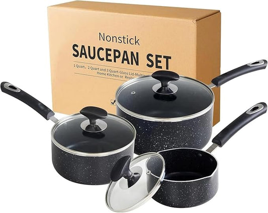 Nonstick Saucepan Set - 3-Pieces Pot Set 1 Quart & 2 Quart & 3 Quart,Ultra Non Stick Sauce Pan Small Pot with Glass Lid,Great for Home Kitchen Restaurant,Black by RATWIA