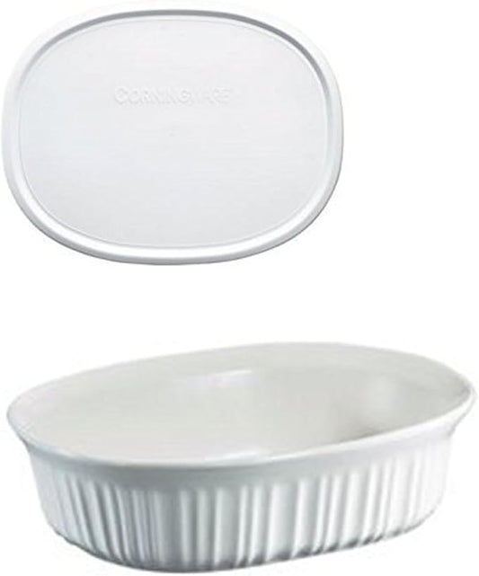 CorningWare FS12 French White 1.5qt/1.4L Oval Ceramic Casserole Dish and F-12-PC 1.5qt French White Plastic Lid by CorningWare