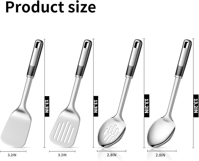 Cooking Utensils Set, Stainless Steel Kitchen Utensils with Serving Spoon and Cooking Spatula, Heat-Resistant, Dishwasher Safe, Ergonomic Handle