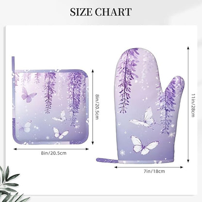 Oven Mitts and Pot Holders Lavender Butterfly Light Purple Flower Silicone Kitchen Accessories Set of 4 Heat Resistant Long Gloves Potholder Non-Slip Grip for Chef Cooking Baking Grilling BBQ
