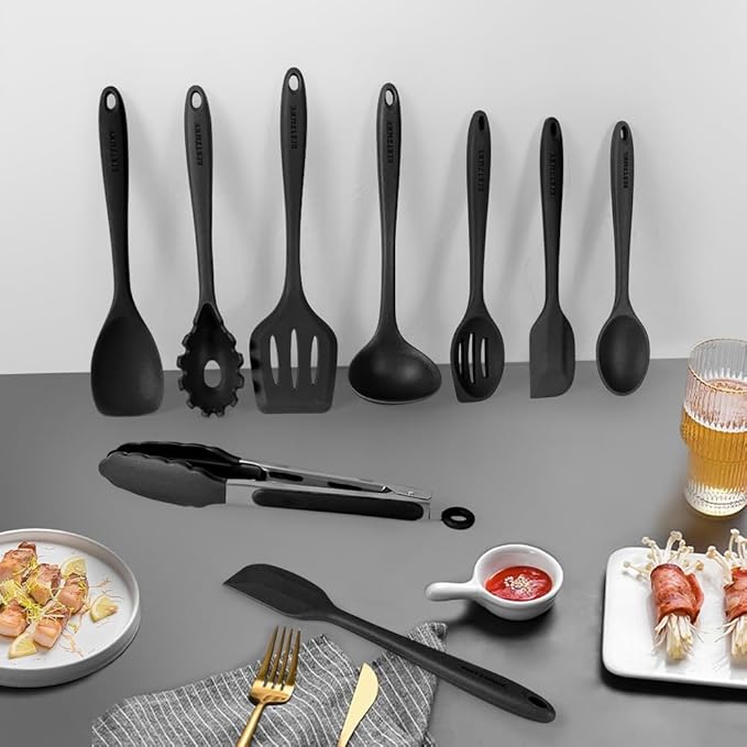Kitchen Utensil Set - 11 Cooking Utensils - Colorful Silicone Kitchen Utensils - Nonstick Cookware with Spatula Set - Colored Best Kitchen Tools Kitchen Gadgets (Black) - Image 3