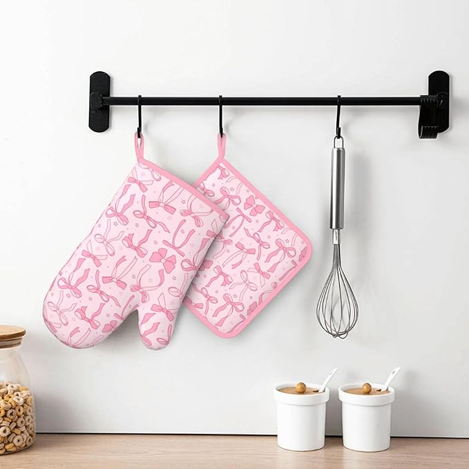 Pink Cute Ribbon Bow Silicone Oven Mitts Pan Mats Set of 2, Heat Resistant Gloves Potholder with Non-Slip Grips Hanging Loops Pot Holder, Spring Summer for Chef Cooking, Baking, Grilling, BBQ