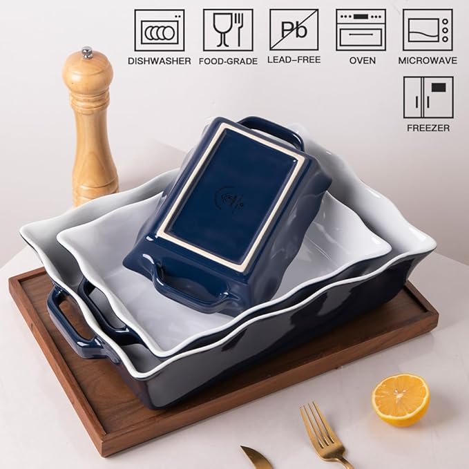 Sweejar Casserole Dishes for Oven, Ceramic Bakeware Set of 3, Rectangular Baking dish with Handles, Wave Edge Lasagna Pan Deep for Cooking, Cake, Dinner, Banquet and Daily Use (Navy) - Image 4