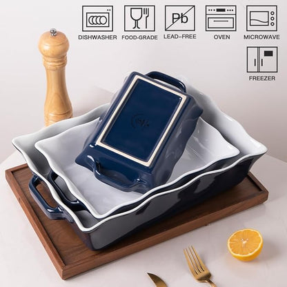 Sweejar Casserole Dishes for Oven, Ceramic Bakeware Set of 3, Rectangular Baking dish with Handles, Wave Edge Lasagna Pan Deep for Cooking, Cake, Dinner, Banquet and Daily Use (Navy) - Image 4