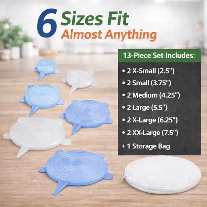 HIC Kitchen Reusable Stretch Food Storage Lids, Silicone, 13-Piece Set, Includes 12 Lids (2x 6 Sizes) Plus 1 Storage Bag - Image 3