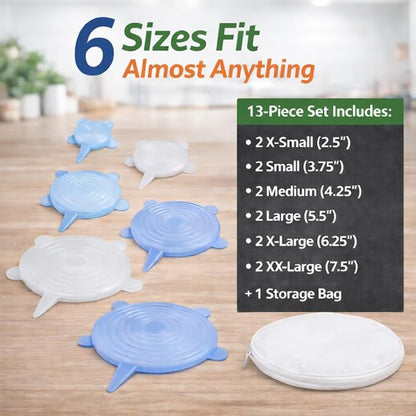 HIC Kitchen Reusable Stretch Food Storage Lids, Silicone, 13-Piece Set, Includes 12 Lids (2x 6 Sizes) Plus 1 Storage Bag - Image 3