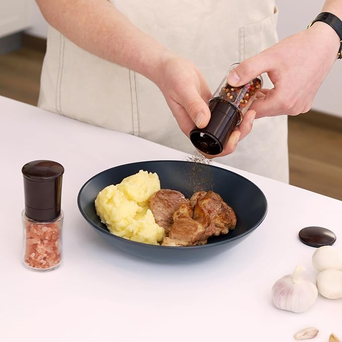 Vzaahu Salt and Pepper Grinder Set Brown, Refillable Small Shakers, Adjustable Coarseness, Ceramic Burr, Peppermill, Kitchen Cooking - Image 6
