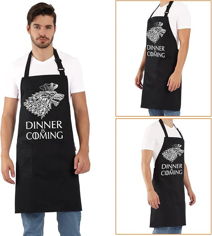 Grill Aprons for Men Women, Dinner is Coming Kitchen Chef Apron with 2 Pockets and 40" Long Ties, Adjustable Bib Apron for Cooking, BBQ, Baking, Gardening, Black