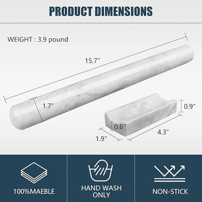Marble Rolling Pin with Stand, 15.7" White Stone French Heavy Polished Non Stick Cookie Pizza Pastry Dough Baker Roller for Kitchen Baking