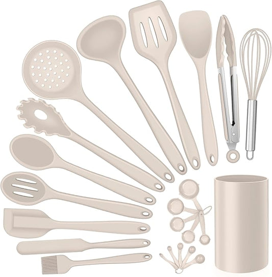 Silicone Kitchen Utensils Set, E-far 23 Pcs Khaki Cooking Utensils Tools with Holder for Nonstick Cookware, Include Spatula/Spoon/Ladle/Tongs/Turner, Heat Resistant & Nontoxic, Dishwasher Safe by E-far
