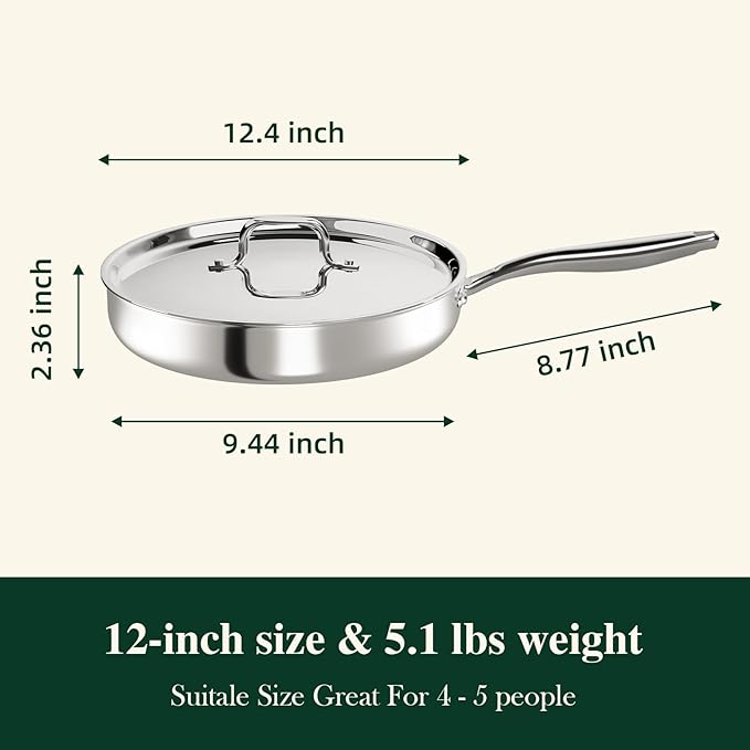 12 Inch Tri-Ply Stainless Steel Frying Pan, Frying Pan with Lid, PFOA/PTFE Free Skillet, Induction Cooking Pans, Dishwasher & Oven Broiler Safe 600F, Professional Cookware, Heavy Duty & Even Heat - Image 8