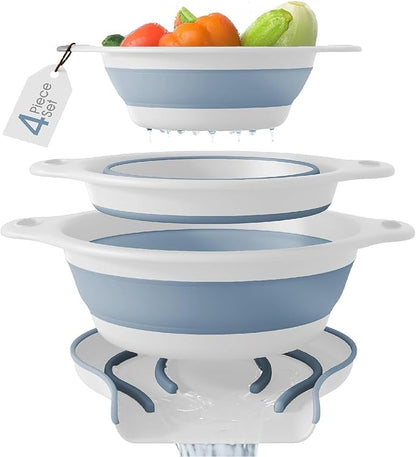 Gevoli Collapsible Colanders (3 Pack Set) Food Strainers with Over-Sink Water Draining Base for Pasta Fruits and Vegetables, White/Blue (3 Sizes, 3QT, 4QT and 5 Quart) by Gevoli