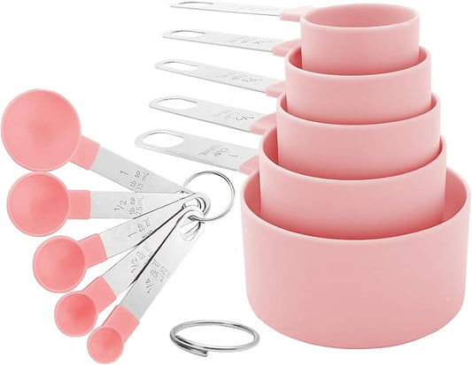 Measuring Cups and Spoons Set, 10-Piece Stackable Kitchen Tools with Stainless Steel Handles, Nesting Measurement Gadgets for Cooking & Baking (pink)
