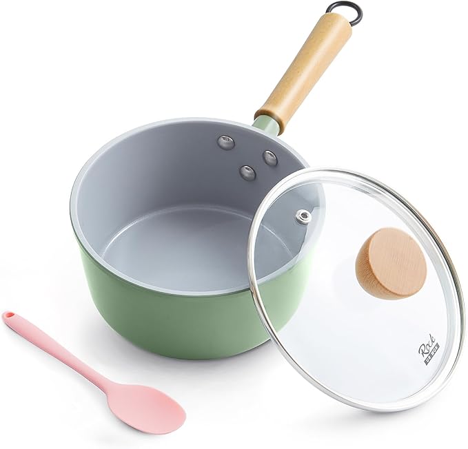 ROCKURWOK Ceramic Nonstick Sauce Pan with Lid, 1.5 Qt Small Pots for Cooking, Small Pot Wooden Handle for Cool Touch, Non Toxic & Pfas-Free Saucepan, Universal Base(Gas, Electric & Induction), Green by ROCKURWOK