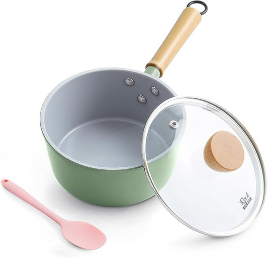 ROCKURWOK Ceramic Nonstick Sauce Pan with Lid, 1.5 Qt Small Pots for Cooking, Small Pot Wooden Handle for Cool Touch, Non Toxic & Pfas-Free Saucepan, Universal Base(Gas, Electric & Induction), Green by ROCKURWOK