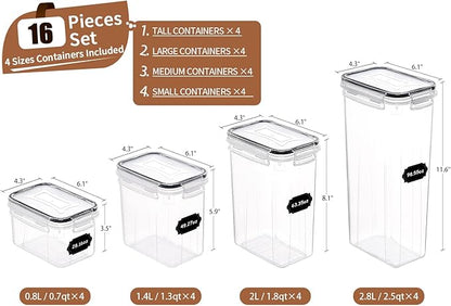 PRAKI Airtight Food Storage Containers Set, 16 Pcs BPA Free Plastic Dry Food Canisters for Kitchen Pantry Organization and Storage Ideal for Cereal, Flour & Sugar - Labels, Marker(Black) - Image 2