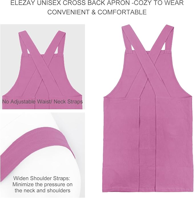 ELEZAY Aprons for Women with Pockets Plus Size Comfort Cross Back No Tie Cotton Linen Apron Pinafore