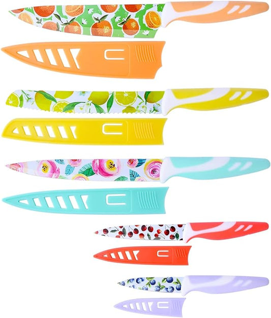 UPTRUST 10-piece Stainless Steel Kitchen Knife Set, Nonstick Coated with 5 Blade Guard, Multicolored Knives Set Gift for Mom by UPTRUST