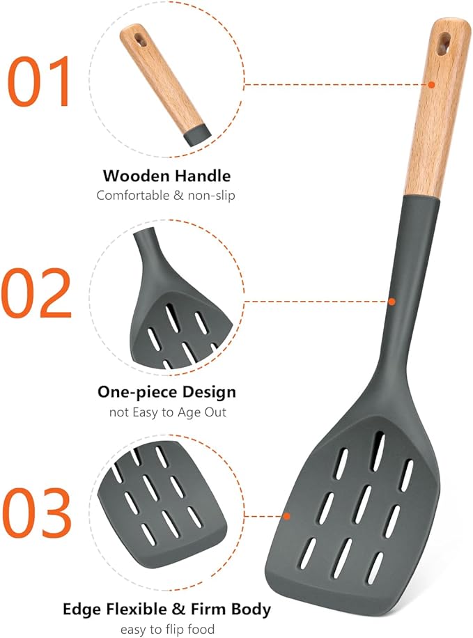 Pack of 2 Silicone Spatula, Non Stick Cooking Utensil Set Wooden Handle Kitchen Turner for Baking Mixing Grilling Serving Food Heat Resistant Non Scratch Hooks Included (Grey) - Image 2