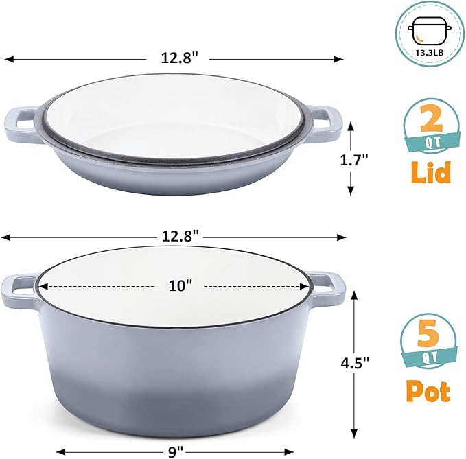 TeamFar 5 Quart Enameled Cast Iron Dutch Oven, 2-In-1 Dutch Oven Pot Cookware with Skillet Lid for Bread Baking Braising Stewing Roasting, Sturdy & Nonstick, Oven Safe & Fit for Induction (Grey) - Image 2