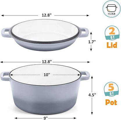 TeamFar 5 Quart Enameled Cast Iron Dutch Oven, 2-In-1 Dutch Oven Pot Cookware with Skillet Lid for Bread Baking Braising Stewing Roasting, Sturdy & Nonstick, Oven Safe & Fit for Induction (Grey) - Image 2