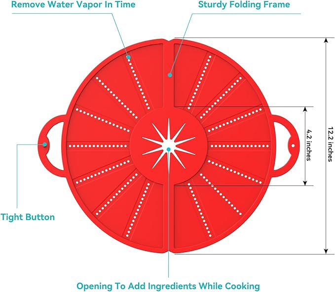 Silicone Splatter Screen for Frying Pan, Foldable Splash Guard, Multi-Use Grease Splatter Guard,Heat-Resistant Trivet Mat, 12" Non-Stick Oil Splatter Guard, Dishwasher Safe, BPA Free-red - Image 2