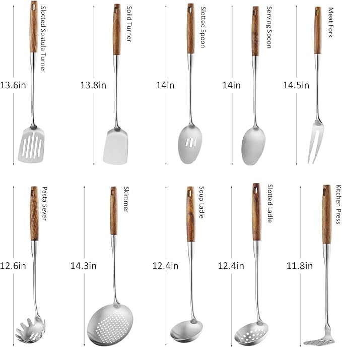10 Pcs Cooking Utensils Set 304 Stainlss Steel Kitchen Utensils Set Heat Resistant Wooden Handle Kitchen Tools Metal Kitchen Utensil Soup Ladle Set, Dishwasher Safe - Image 2
