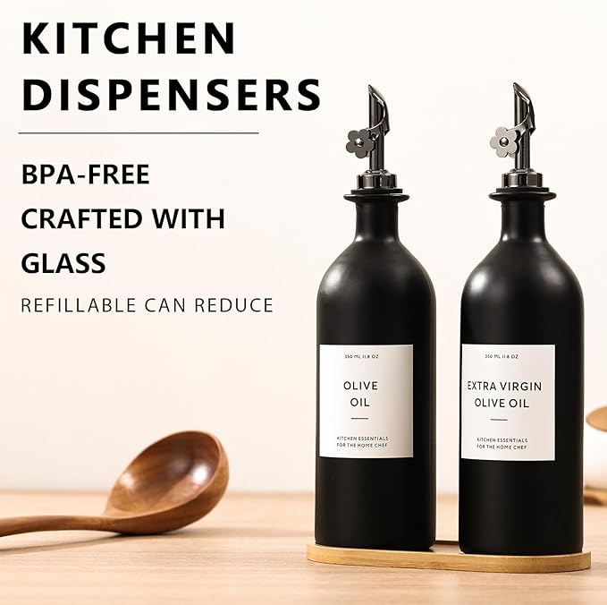 HOMCDALY Olive Oil Dispenser for Kitchen, 16oz Glass Oil Bottles with Bamboo Tray, Black Oil&Vinegar Cruet Set, Kitchen Dispenser Bottles with Pourer | Set of 2 (16oz – Black) - Image 2