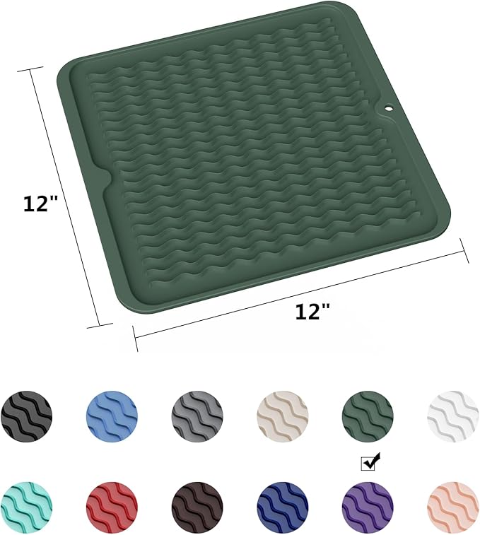 ZLR Silicone Dish Drying Mat 12" x 12" Square - Small Heat Resistant Trivet & Countertop Protector for Air Fryer, Coffee Maker - Waterproof Kitchen Drain Pad for Cups, Fruit (Dark Green) - Image 6