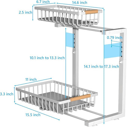 Merrylun Under Sink Organizers,5 Adjustable Height，Metal Pull Out Under Sink Organizers and Storage Shelves with Sliding Drawer, White 1pack（Hight 13.6″-16.9″）