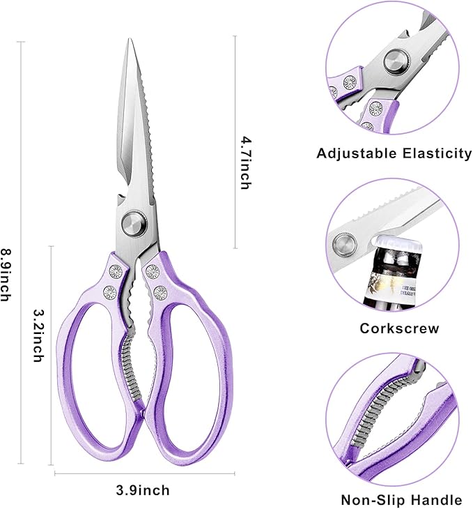 AWinjoy Heavy Duty Sharp Kitchen Scissors, Dishwasher Safe, Cooking Shears for Meat, Chicken, Fish, Poultry, Herb, Bread (Purple) - Image 3