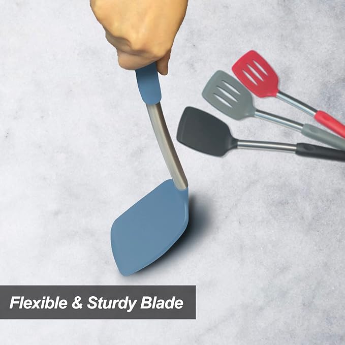 2 Pack Spatulas, Solid & Slotted Silicone Spatula Set, Stainless Steel Handle Coated with Silicone, Non Stick, Heat Resistant Rubber Flipper for Fish, Eggs, Pancakes, WOK, Starry Blue - Image 7