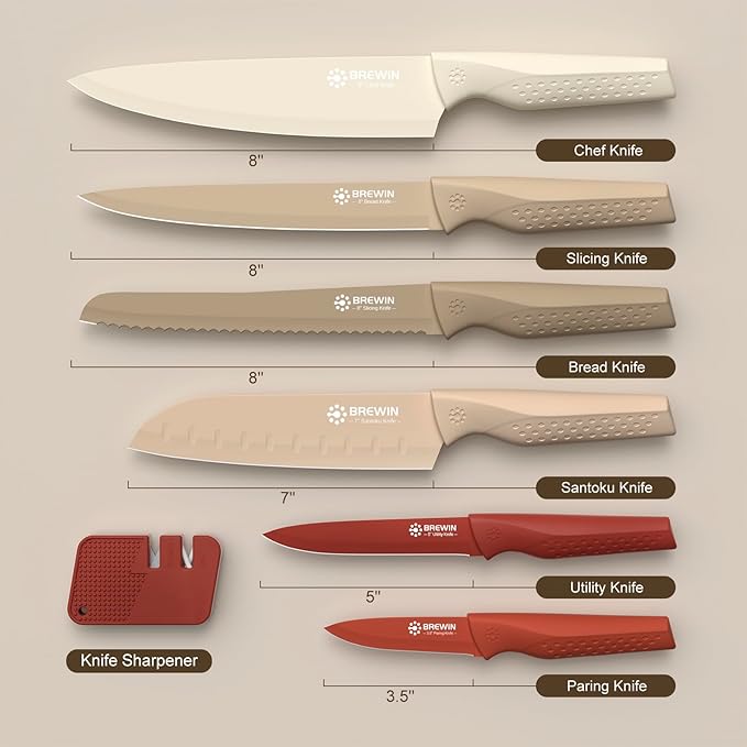 Brewin Knife set, 13 Pieces Kitchen Knives Set with Sharpener, Anti-Rust Coating and Blade Guard, Home Essentials, Camping Essentials - Muliticolor - Image 5