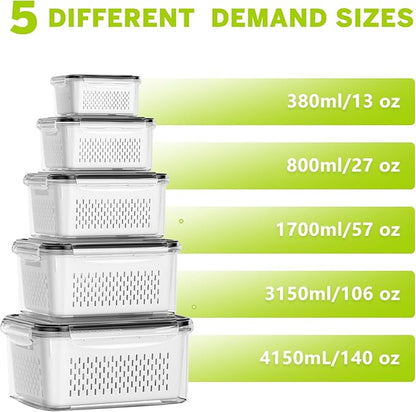 HOMETALL 5 Pack Fruit Storage Containers for Fridge, Plastic Fruit Containers for Fridge with Removable Colanders, Leakproof Fridge Organizers and Storage for Berry Vegetable Salad Lettuce Meat Food