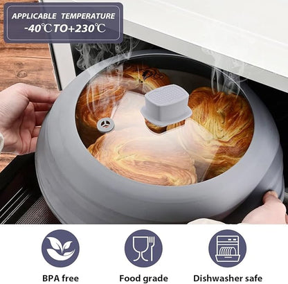 Tall Microwave Splatter Cover Glass Cover Guard Lid 6 inch Height with Collapsible Silicone for Food Pot Plate 12.5 inch Grey