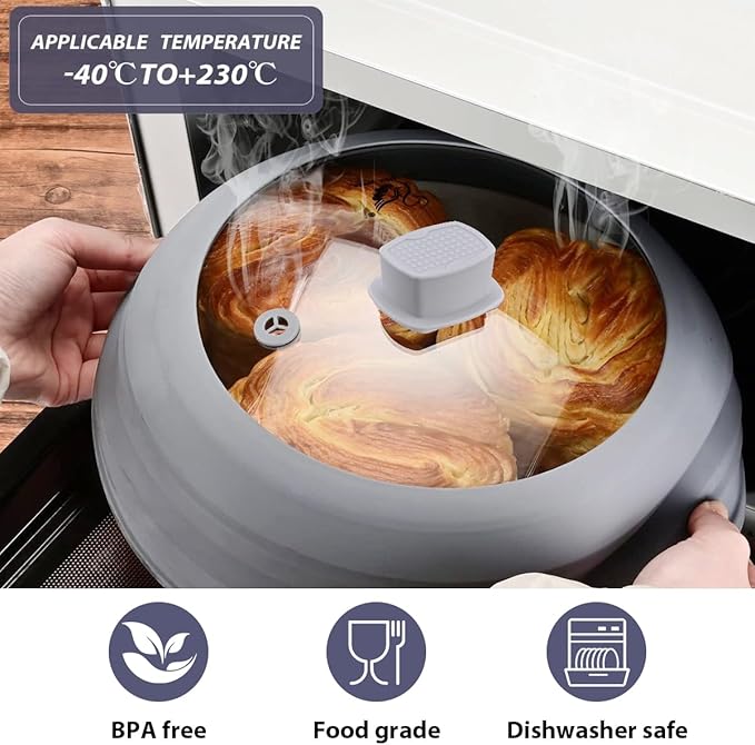 Tall Microwave Splatter Cover Glass Cover Guard Lid 5.8 inch Height with Collapsible Silicone for Food Pot Plate 10.8 inch Grey