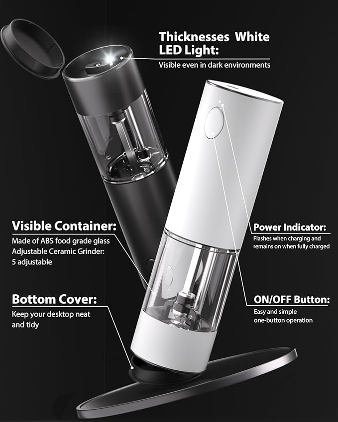 Upgraded Larger Capacity Electric Salt and Pepper Grinder Set Rechargeable with LED lights, Stainless Steel Automatic Pepper and Salt Grinder Refillable with 5 Adjustable Coarseness Black - White - Image 7