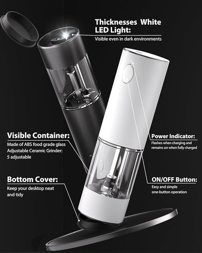 Upgraded Larger Capacity Electric Salt and Pepper Grinder Set Rechargeable with LED lights, Stainless Steel Automatic Pepper and Salt Grinder Refillable with 5 Adjustable Coarseness Black - White - Image 7