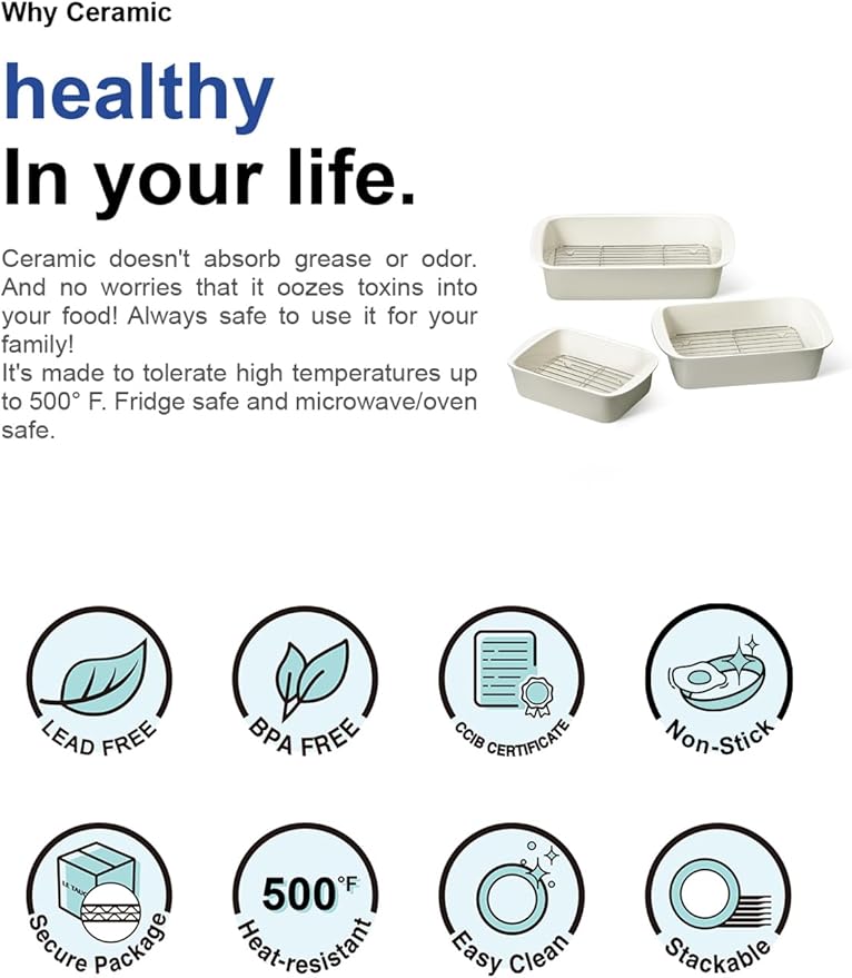 LE TAUCI Deep Casserole Dishes for Oven, 13.7”x9.6” Ceramic Baking Dish Set with Roasting Racks, Large Lasagna Pans with Handles, Rectangular Bakeware as Gift for Mom, Oatmeal Greige (4.6QT/3.0QT/1.6QT), Set of 3 - Image 9