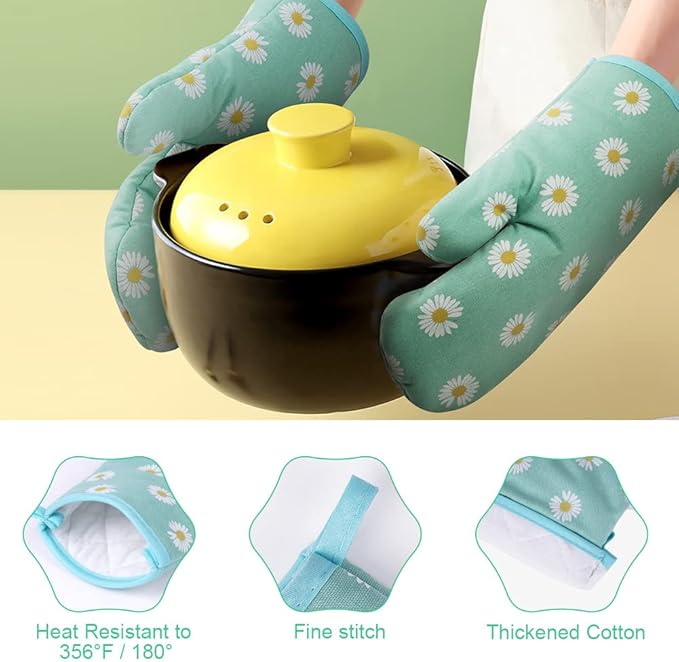 AUAUY Oven Mitts and Potholders, BBQ Gloves Heat Resistant, 1 Pair Oven Mitts and 2 Pot Holders, Cotton Non-Slip Cooking Gloves Home Essentials for Cooking Baking Kitchen Microwave Pizza (Daisy-Green) - Image 2